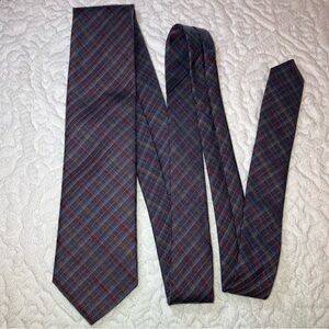 Vintage Louis Feraud Paris plaid silk blend skinny tie, purple, red, grey, gold